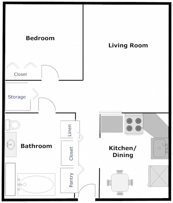 Floor plan for 1 bed, 1 bath, 528 sqft